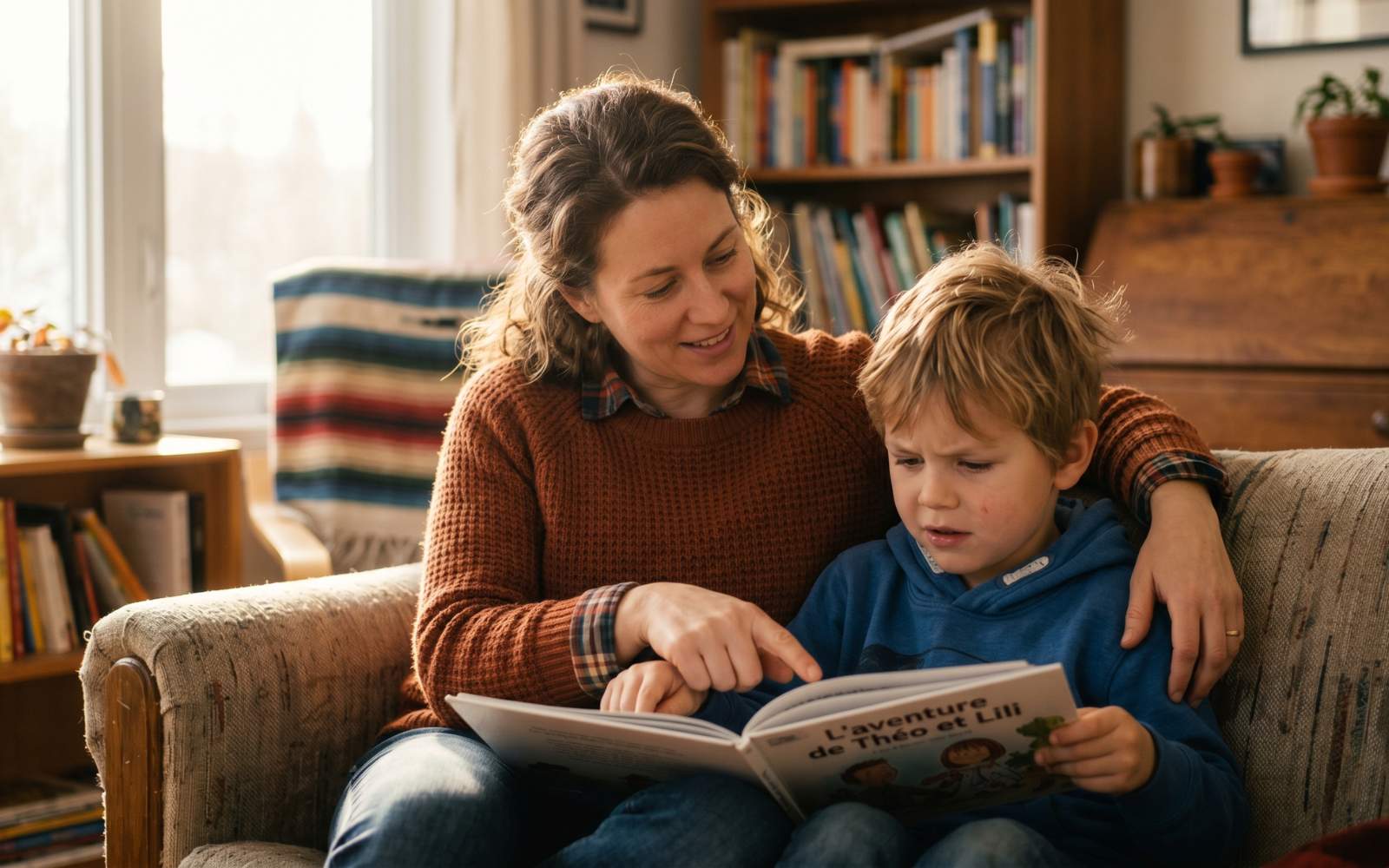 Un adulte accompagne avec bienveillance un enfant en difficulté de lecture