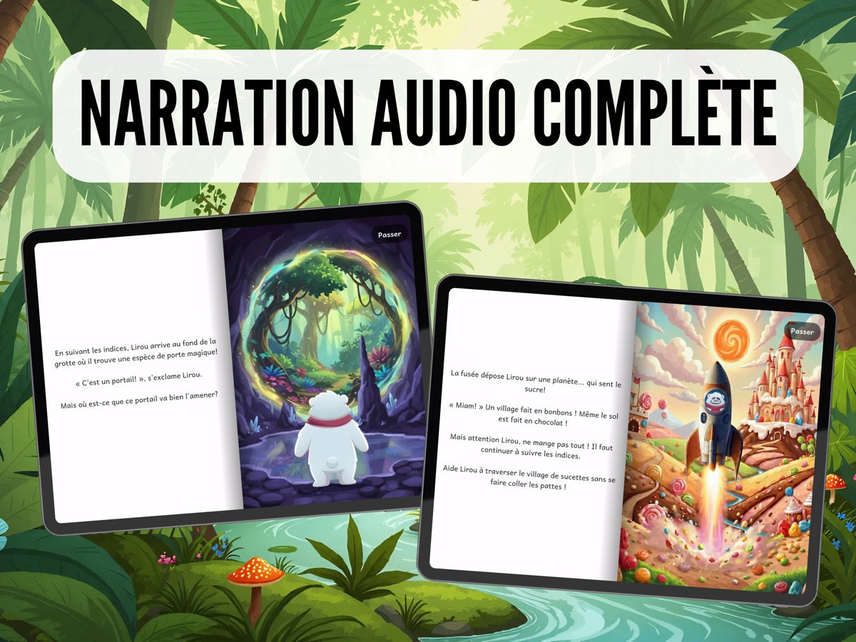 Pages d'histoire illustrées avec narration audio complète dans l'application