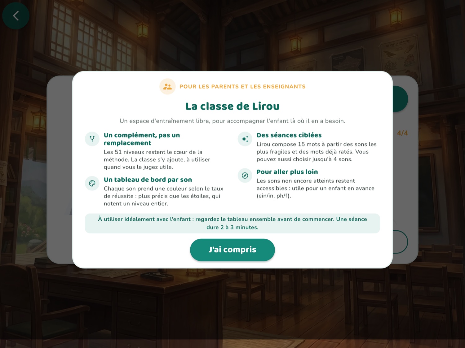 Le panneau « Pour les parents et les enseignants » expliquant le rôle de La classe de Lirou