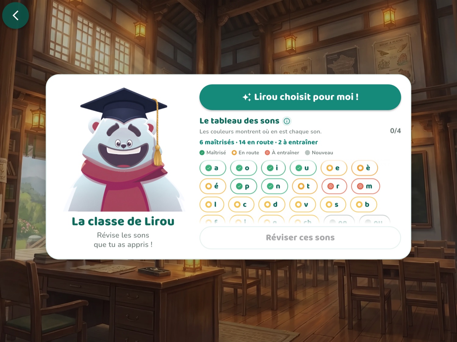 Écran « La classe de Lirou » : le tableau des sons, chaque son coloré selon le taux de réussite, avec le résumé « 6 maîtrisés · 14 en route · 2 à entraîner »