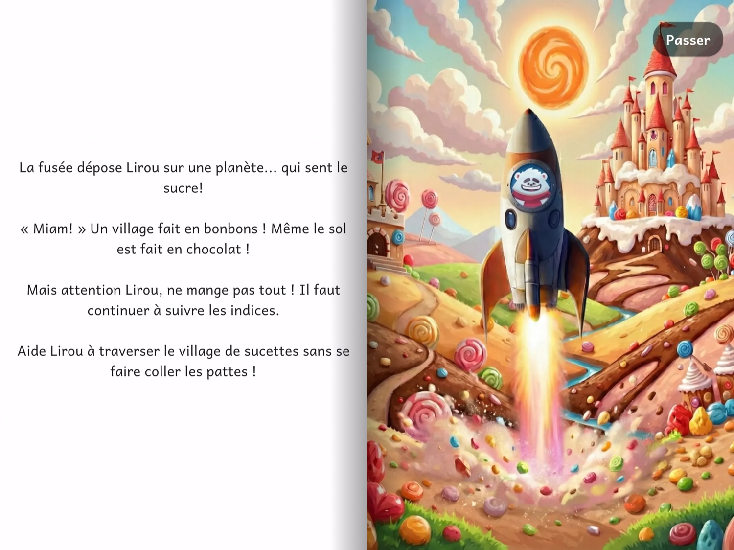 Page d'histoire illustrée : la planète de bonbons