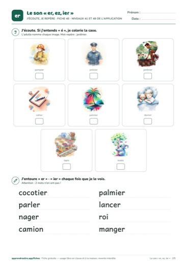 Page 2 de la fiche : J'écoute, je repère