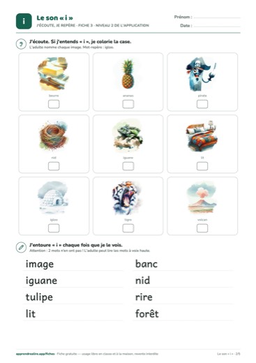 Page 2 de la fiche : J'écoute, je repère