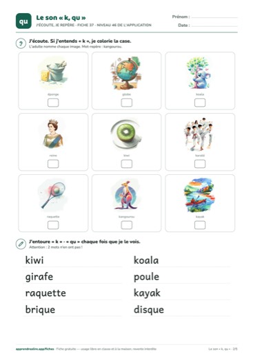 Page 2 de la fiche : J'écoute, je repère