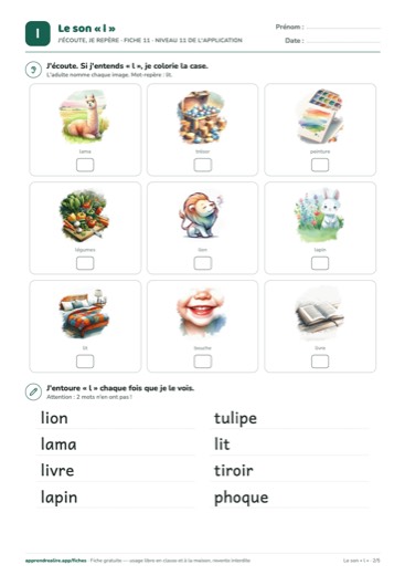 Page 2 de la fiche : J'écoute, je repère