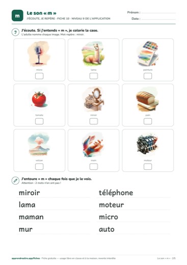 Page 2 de la fiche : J'écoute, je repère
