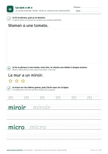 Page 4 de la fiche : Je lis des phrases, j'écris
