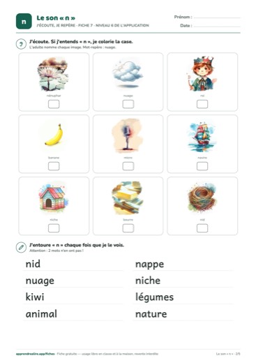 Page 2 de la fiche : J'écoute, je repère