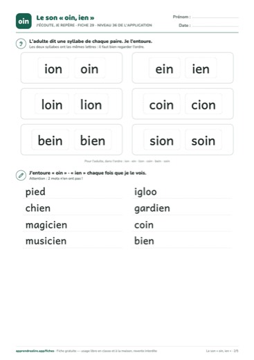 Page 2 de la fiche : J'écoute, je repère