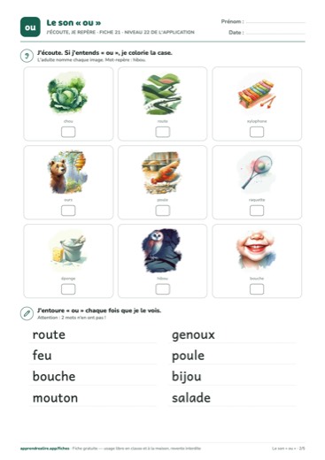 Page 2 de la fiche : J'écoute, je repère