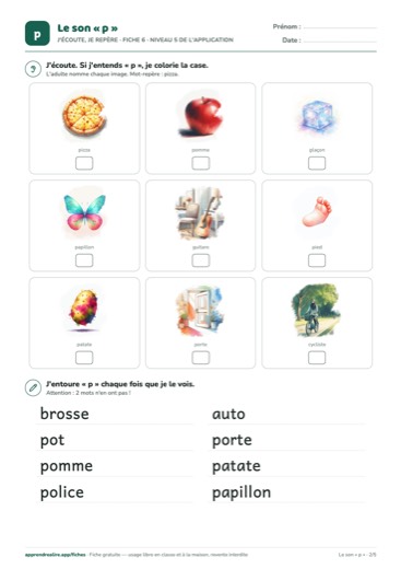 Page 2 de la fiche : J'écoute, je repère