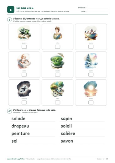 Page 2 de la fiche : J'écoute, je repère