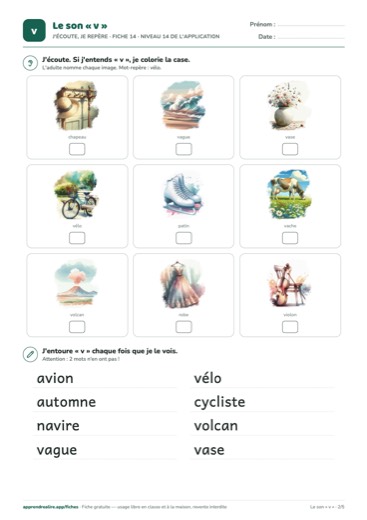 Page 2 de la fiche : J'écoute, je repère