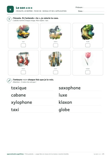 Page 2 de la fiche : J'écoute, je repère