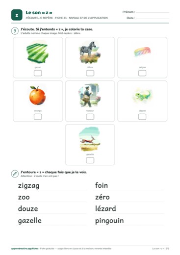 Page 2 de la fiche : J'écoute, je repère