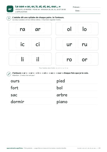 Page 2 de la fiche : J'écoute, je repère
